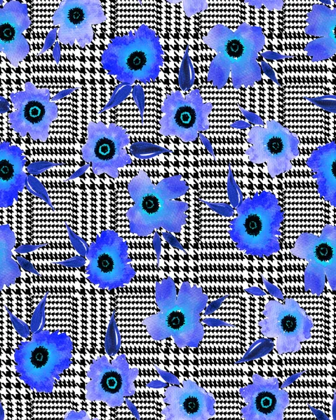 Handgezeichnete Nahtlose Bunte Helle Muster Mit Bunten Blumen Auf Geometrischem — Stockfoto