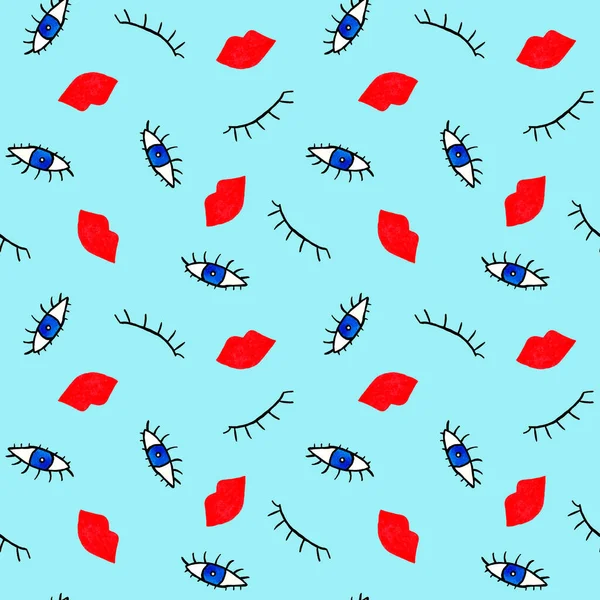 Abstract Seamless Colorful Bright Pattern Eyes Red Lips — Foto Stock