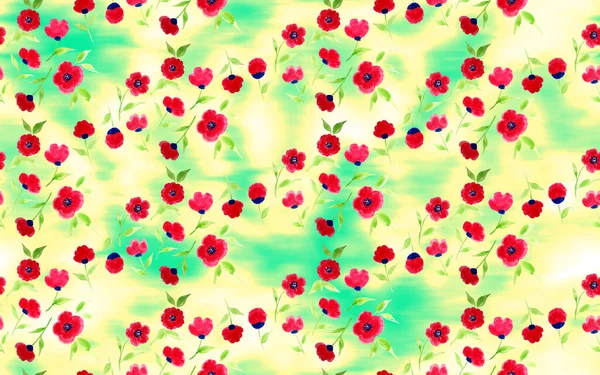 Çizimi Pürüzsüz Suluboya Kırmızı Çiçeklerle Renkli Parlak Desen — Stok fotoğraf