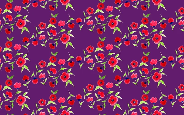 Hand Drawn Seamless Watercolor Colorful Bright Pattern Red Flowers — Stockfoto