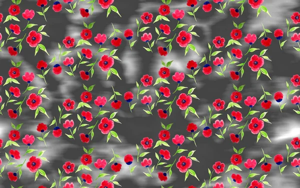 Ručně Kreslené Bezešvé Akvarel Pestrý Jasný Vzor Červenými Květy — Stock fotografie