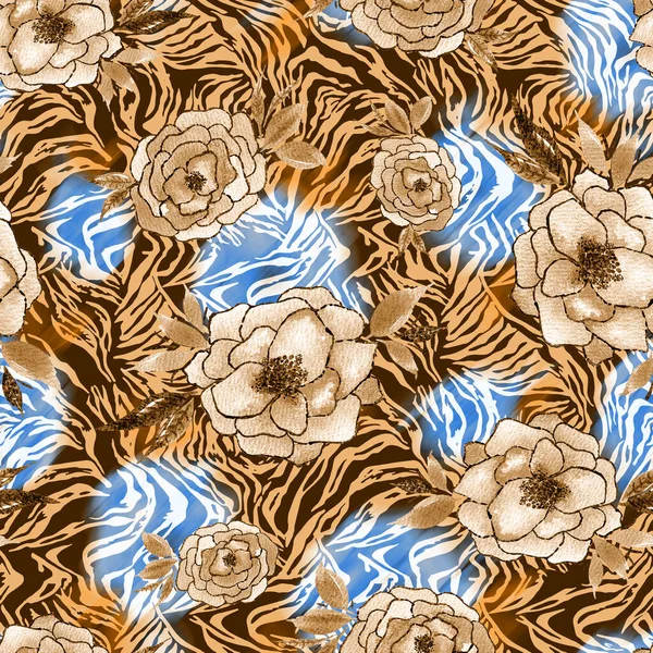 Handgezeichnete Nahtlose Bunte Helle Muster Mit Bunten Blumen Auf Zebrahintergrund — Stockfoto