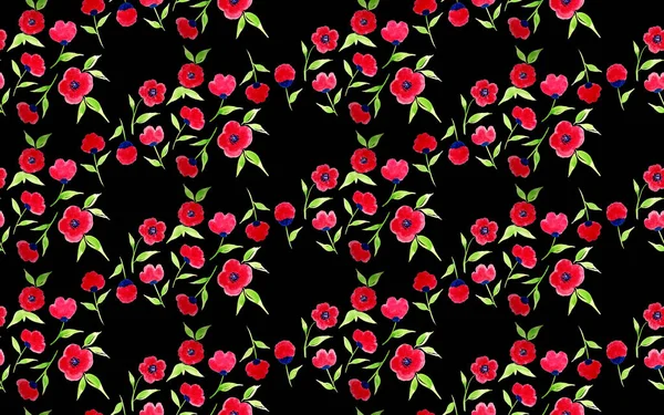 Ručně Kreslené Bezešvé Akvarel Pestrý Jasný Vzor Červenými Květy — Stock fotografie