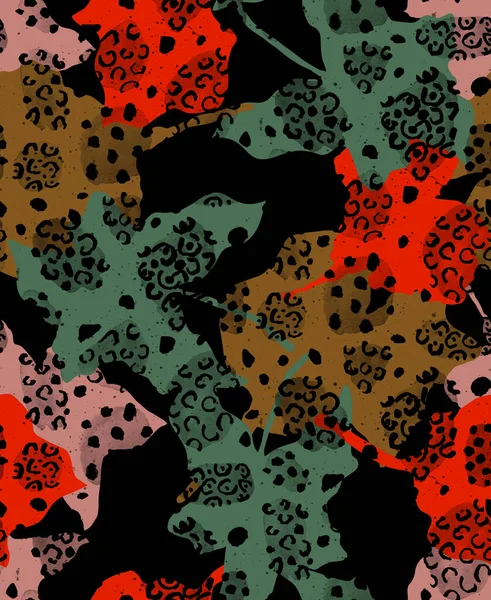 Hand Drawn Seamless Colorful Bright Pattern Leaves Leopard Spots — Stock Photo, Image