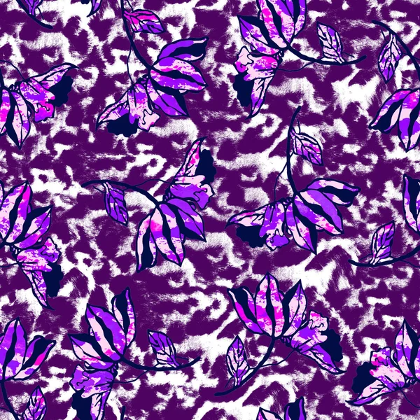 Bezproblemowy Wzór Kolorowymi Kwiatami Plamami Lamparta — Zdjęcie stockowe