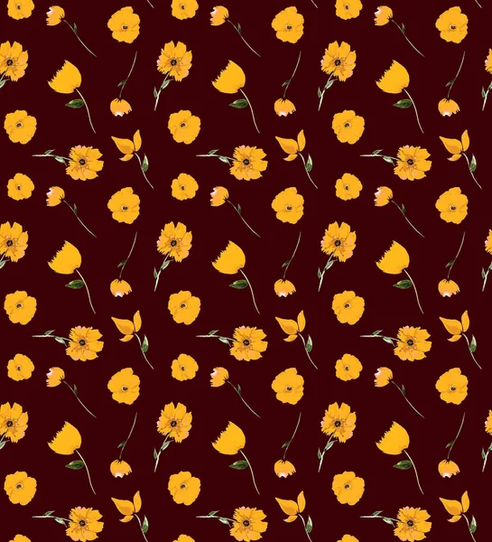 カラフルなポピーの花で手描きのシームレスなカラフルな明るいパターン — ストック写真