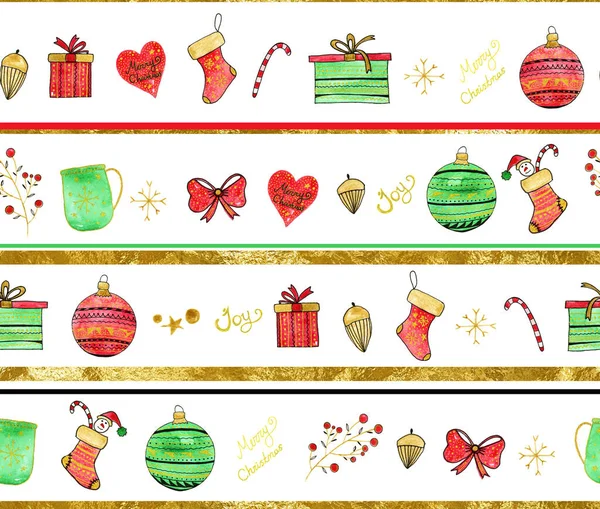 Met Hand Getekend Naadloos Kleurrijk Patroon Met Kerst Decoraties — Stockfoto