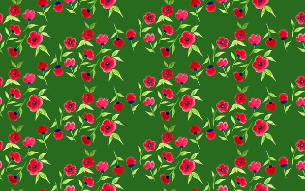 hand drawn seamless watercolor colorful bright pattern with red flowers
