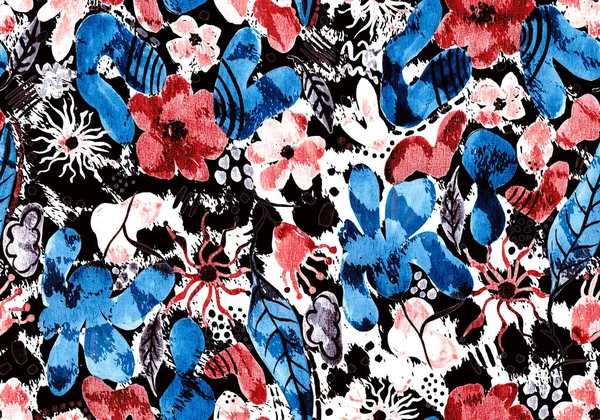 Ręcznie Rysowane Bezszwowe Kolorowe Jasne Wzory Kwiatami Plamami Lampart — Zdjęcie stockowe
