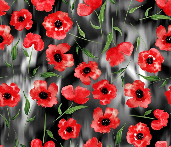 Hand Drawn Seamless Watercolor Colorful Bright Pattern Red Flowers — Stock Photo, Image