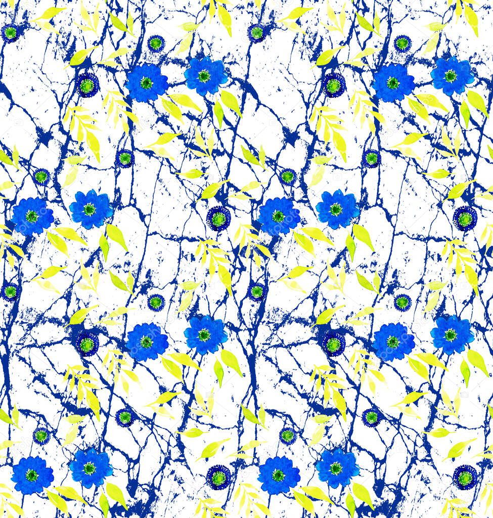 hand drawn seamless colorful bright pattern with colorful flowers with leaves on marble background 