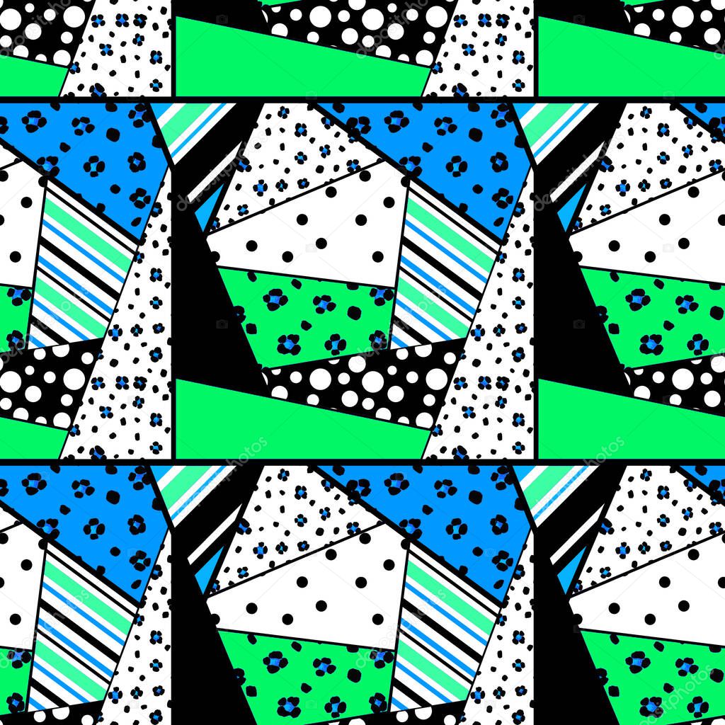 abstract hand drawn seamless colorful bright pattern with patchwork and leopard spots
