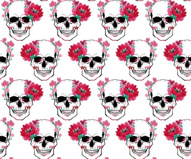 kusursuz suluboya renkli parlak desenli kafatası ve çiçeklerle, cadılar bayramı arkaplanı 