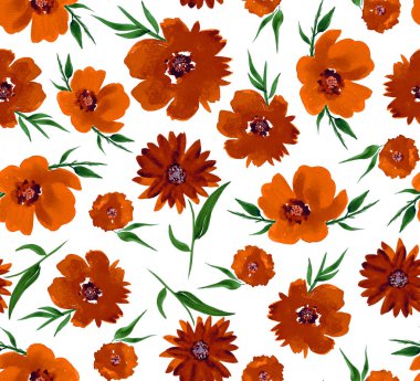 Renkli gelincik çiçekleriyle renksiz, parlak desenli el çizimi.