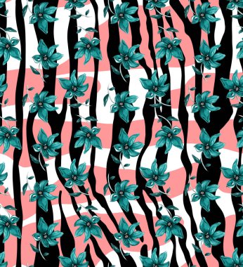 Renkli çiçekler ve zebra desenli, pürüzsüz, parlak bir arka plan çizilmiş. 