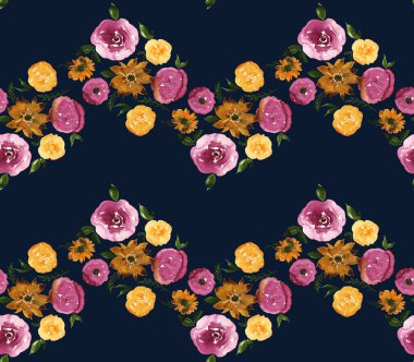 Renkli çiçeklerle renksiz, parlak desenli el çizimi