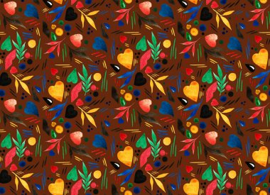 Yapraklı pürüzsüz renkli parlak desen ve geçmişe ait sembollü kalpler.