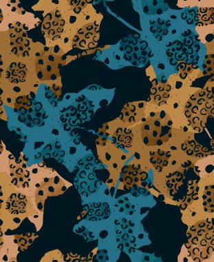 Yapraklar ve leopar benekleri ile el çizimi renksiz parlak desen