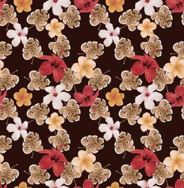 Tropik yapraklar ve çiçeklerle kusursuz desen 