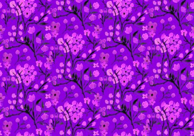 Japon dalları ve çiçekleriyle renksiz parlak desenli el çizimi.  