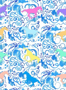 Renkli etnik atlar ve karalamalarla renksiz parlak desenli el çizimi