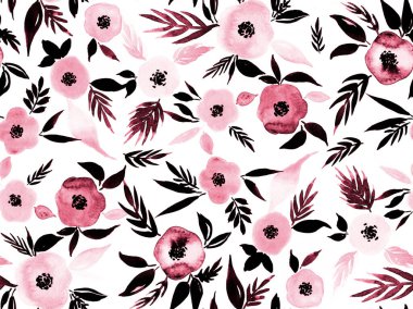 Renkli çiçeklerle renksiz, parlak desenli el çizimi