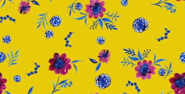 Renkli çiçeklerle renksiz, parlak desenli el çizimi