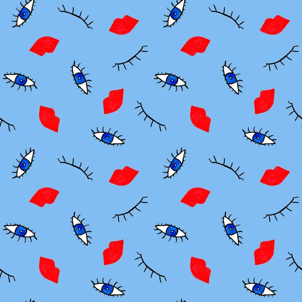 Abstract Seamless Colorful Bright Pattern Eyes Red Lips — Stok fotoğraf