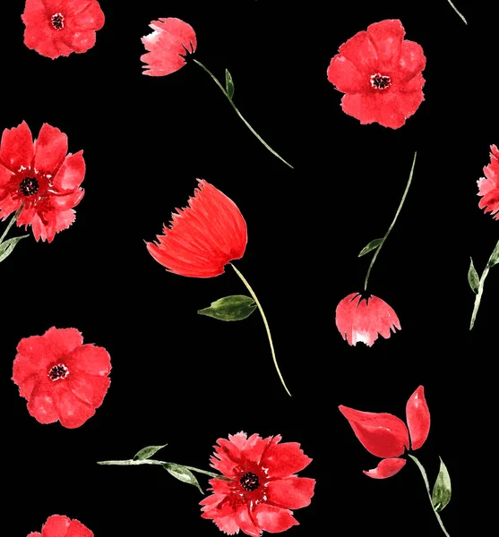 手绘无缝色彩艳丽的花纹与五彩缤纷的罂粟花 — 图库照片
