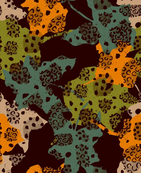 Handritade Sömlösa Färgglada Ljusa Mönster Med Blad Och Leopardfläckar — Stockfoto
