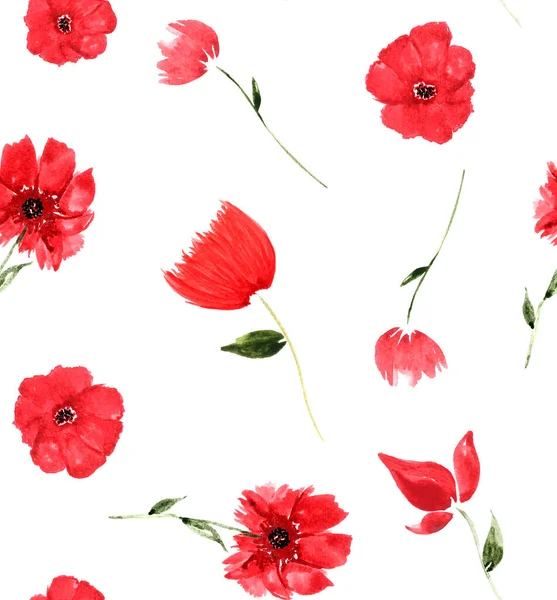 手绘无缝色彩艳丽的花纹与五彩缤纷的罂粟花 — 图库照片