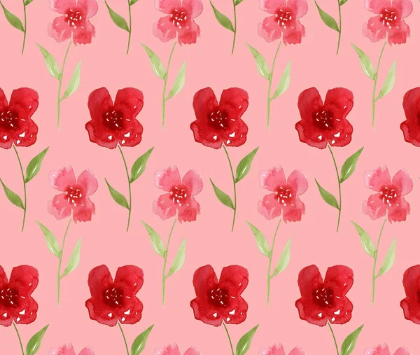 Hand Drawn Seamless Watercolor Colorful Bright Pattern Red Flowers — Stock Photo, Image