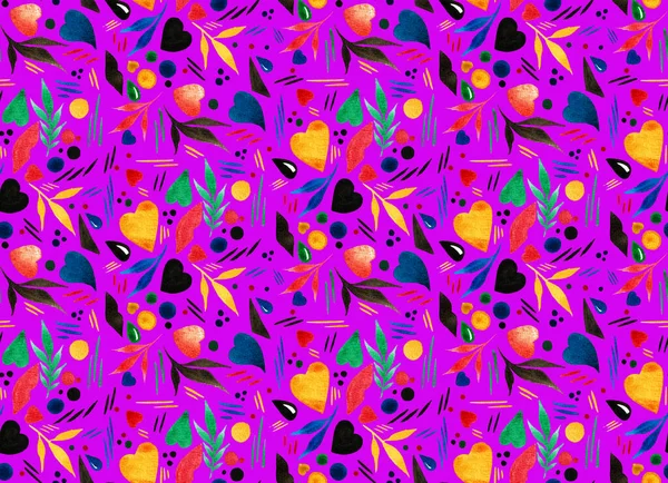 Seamless Colorful Bright Pattern Leaves Hearts Retro Symbols — Stock Photo, Image