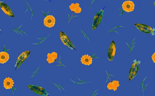 Hand Drawn Seamless Colorful Bright Pattern Orange Flowers — Zdjęcie stockowe