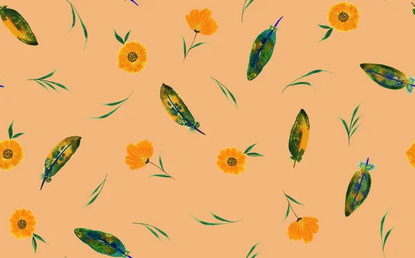 Hand Drawn Seamless Colorful Bright Pattern Orange Flowers — Stockfoto