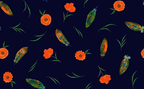 Ζωγραφισμένο Στο Χέρι Χωρίς Ραφή Πολύχρωμο Φωτεινό Μοτίβο Πορτοκαλί Λουλούδια — Φωτογραφία Αρχείου