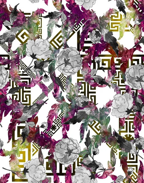 Ręcznie Rysowane Bezszwowy Jasny Wzór Kolorowymi Kwiatami Geometrycznym Tle — Zdjęcie stockowe