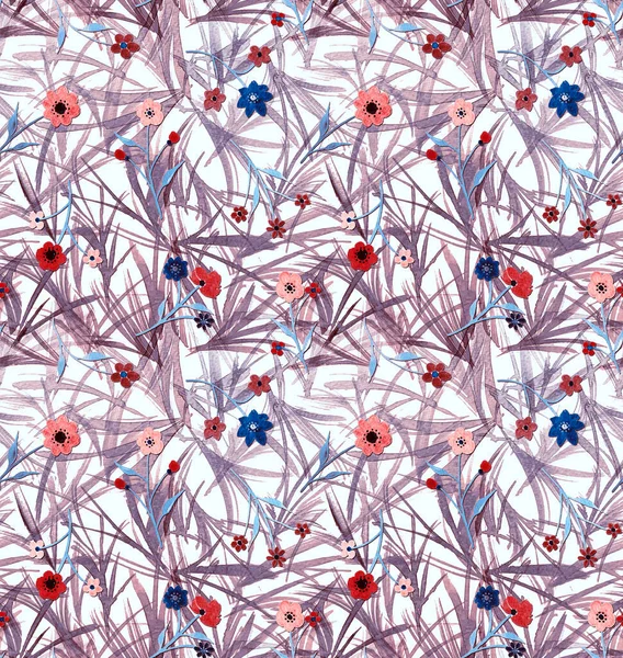 Ręcznie Rysowane Bezszwowe Kolorowy Jasny Wzór Kolorowymi Kwiatami Trawą — Zdjęcie stockowe