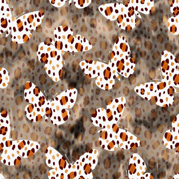 Seamless Pattern Butterflies Faux Leopard Skin Black Spots — Stock Photo, Image