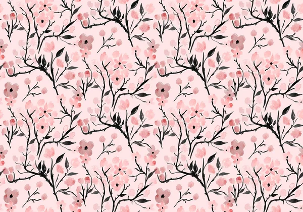 Handgezeichnete Nahtlose Bunte Helle Muster Mit Japanischen Zweigen Und Blumen — Stockfoto