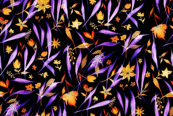 Ręcznie Rysowane Bezszwowe Kolorowe Jasny Wzór Liści Kwiatów — Zdjęcie stockowe