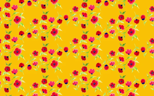 Hand Drawn Seamless Watercolor Colorful Bright Pattern Red Flowers — Foto Stock