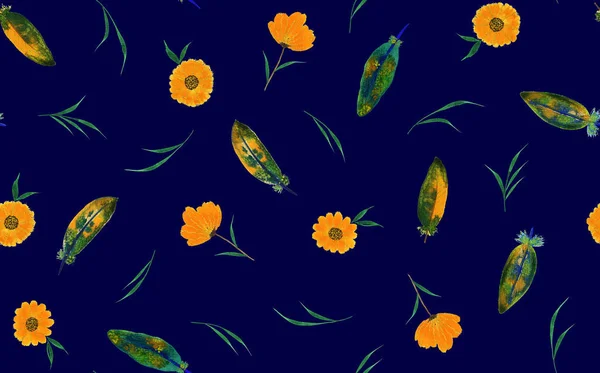 Hand Drawn Seamless Colorful Bright Pattern Orange Flowers — Zdjęcie stockowe