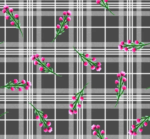 Handgezeichnete Nahtlose Bunte Helle Muster Mit Bunten Blumen Auf Kariertem — Stockfoto