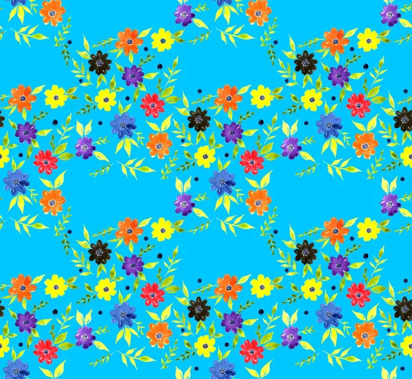 カラフルな花でシームレスなカラフルな明るいパターンを描いた手 — ストック写真