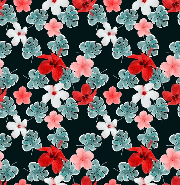 Seamless Pattern Tropical Leaves Flowers — Stock Photo, Image