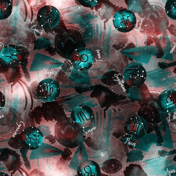 Naadloze Kleurrijke Heldere Patroon Met Gemengde Dierenriem Tekens — Stockfoto