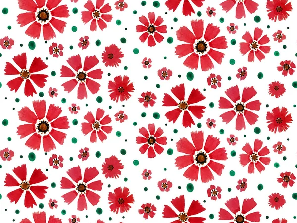 Hand Drawn Seamless Watercolor Colorful Bright Pattern Red Flowers — 图库照片