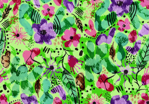 Handgezeichnete Nahtlose Bunte Helle Muster Mit Blumen Und Leopardenflecken — Stockfoto