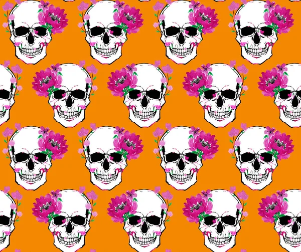 Seamless Watercolor Colorful Bright Pattern Skulls Flowers Halloween Background — Foto Stock